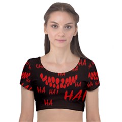 Demonic Laugh, Spooky Red Teeth Monster In Dark, Horror Theme Velvet Short Sleeve Crop Top  by Casemiro