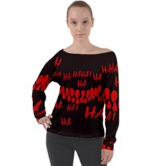 Demonic Laugh, Spooky Red Teeth Monster In Dark, Horror Theme Off Shoulder Long Sleeve Velour Top by Casemiro