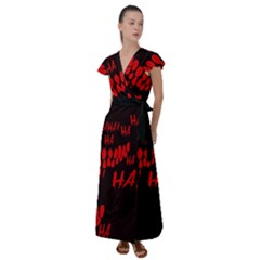 Demonic Laugh, Spooky Red Teeth Monster In Dark, Horror Theme Flutter Sleeve Maxi Dress by Casemiro