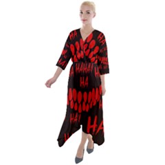 Demonic Laugh, Spooky Red Teeth Monster In Dark, Horror Theme Quarter Sleeve Wrap Front Maxi Dress by Casemiro