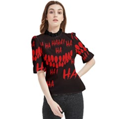 Demonic Laugh, Spooky Red Teeth Monster In Dark, Horror Theme Frill Neck Blouse