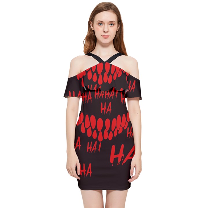 Demonic Laugh, Spooky red teeth monster in dark, Horror theme Shoulder Frill Bodycon Summer Dress