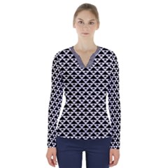 Black And White Triangles Pattern, Geometric V-neck Long Sleeve Top by Casemiro