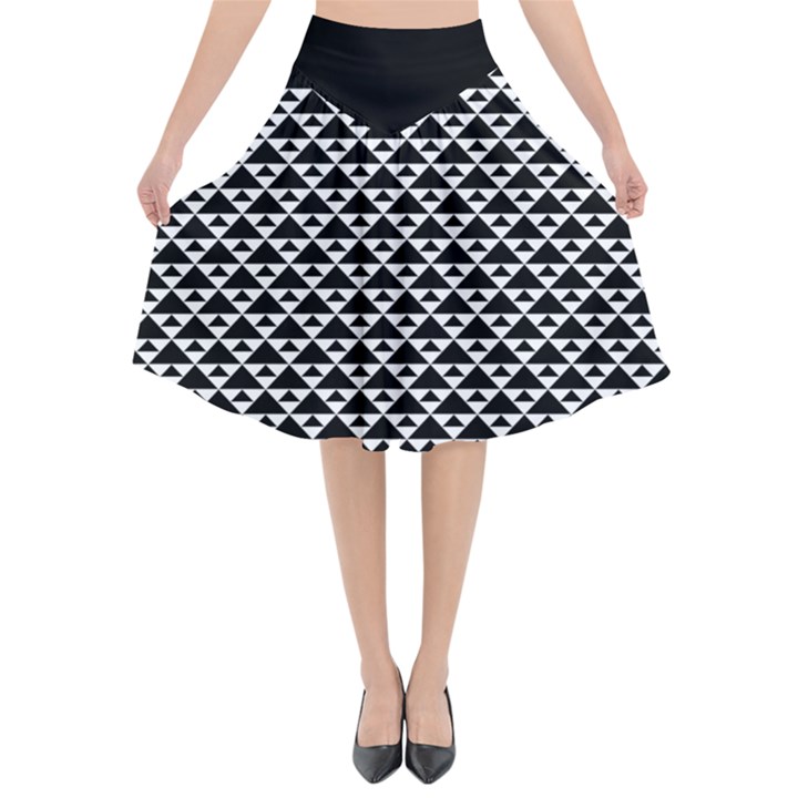 Black and white Triangles pattern, geometric Flared Midi Skirt