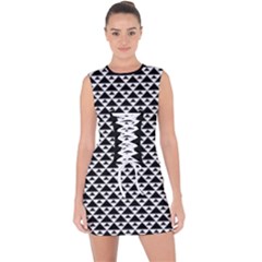 Black And White Triangles Pattern, Geometric Lace Up Front Bodycon Dress by Casemiro