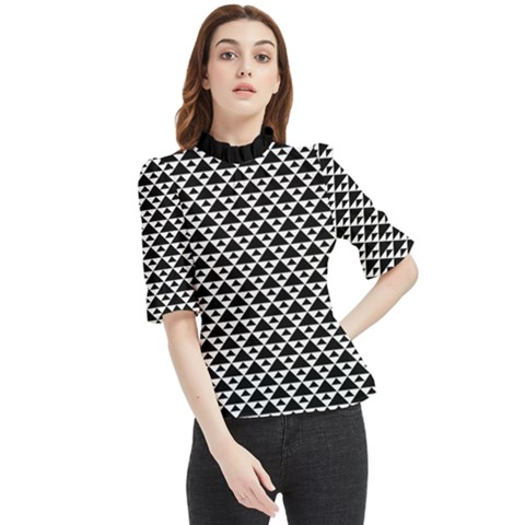 Black And White Triangles Pattern, Geometric Frill Neck Blouse by Casemiro