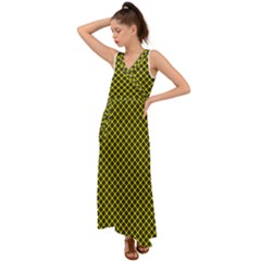 Cute Yellow Tartan Pattern, Classic Buffalo Plaid Theme V-neck Chiffon Maxi Dress by Casemiro