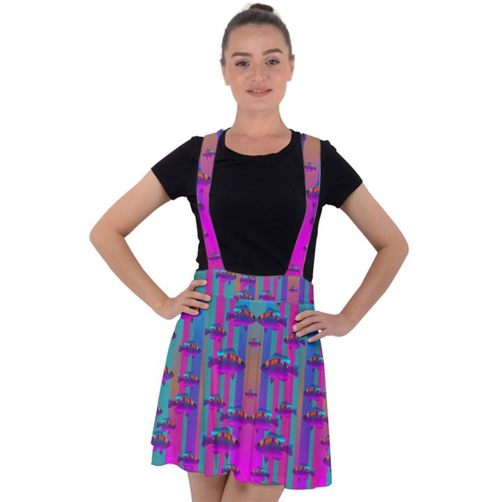 Tropical Rainbow Fishes  In Meadows Of Seagrass Velvet Suspender Skater Skirt