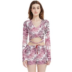 Pink Leaves Velvet Wrap Crop Top And Shorts Set by goljakoff