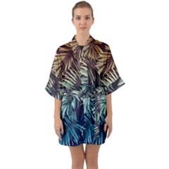 Tropical Leaves Half Sleeve Satin Kimono  by goljakoff