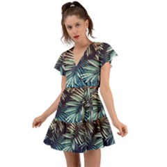 Tropical Leaves Flutter Sleeve Wrap Dress by goljakoff