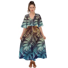 Tropical Leaves Kimono Sleeve Boho Dress by goljakoff