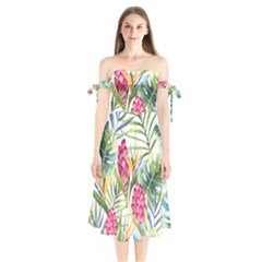 Tropical flowers Shoulder Tie Bardot Midi Dress