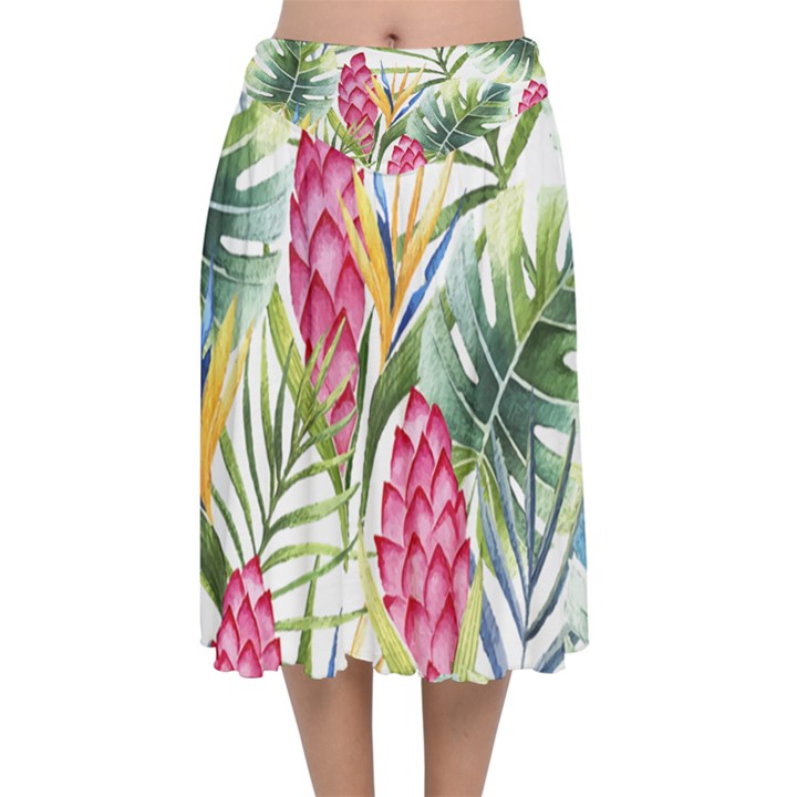 Tropical flowers Velvet Flared Midi Skirt