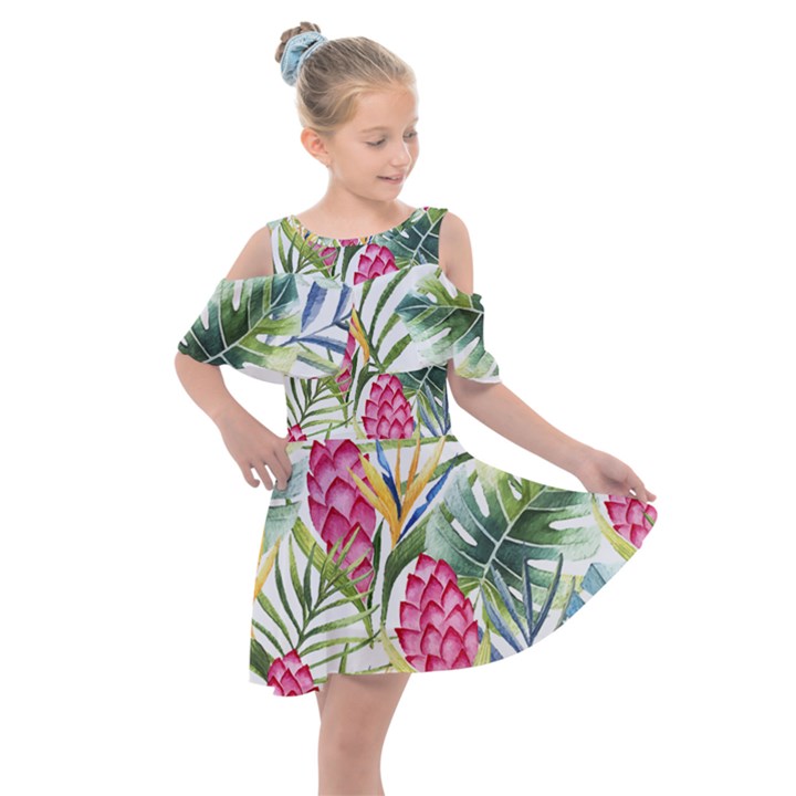 Tropical flowers Kids  Shoulder Cutout Chiffon Dress