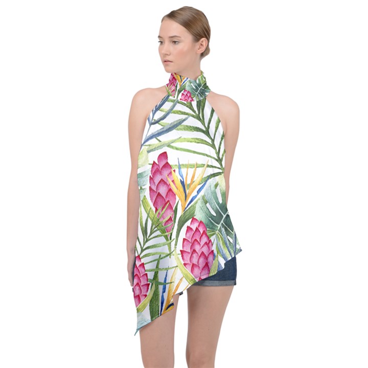 Tropical flowers Halter Asymmetric Satin Top