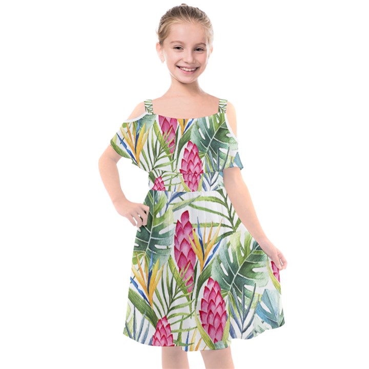 Tropical flowers Kids  Cut Out Shoulders Chiffon Dress