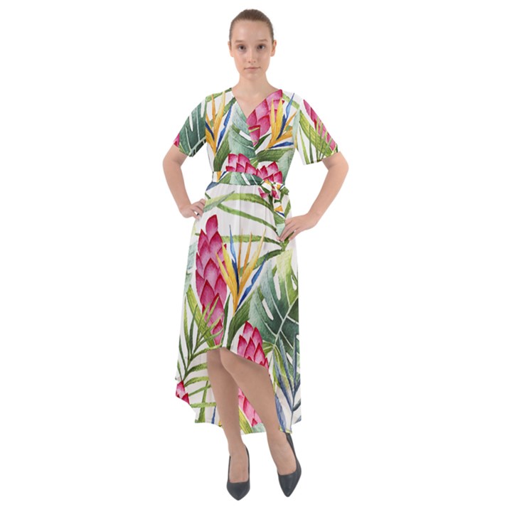 Tropical flowers Front Wrap High Low Dress