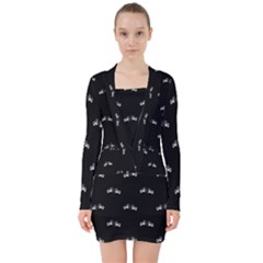 Black And White Boxing Motif Pattern V-neck Bodycon Long Sleeve Dress