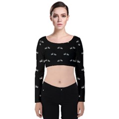 Black And White Boxing Motif Pattern Velvet Long Sleeve Crop Top by dflcprintsclothing