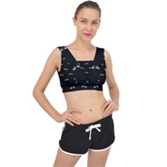 Black And White Boxing Motif Pattern V-back Sports Bra by dflcprintsclothing