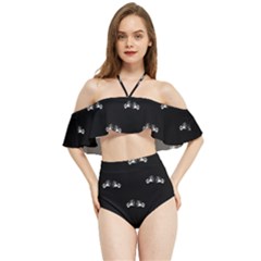 Black And White Boxing Motif Pattern Halter Flowy Bikini Set 