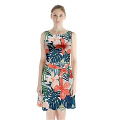 Tropical Flowers Sleeveless Waist Tie Chiffon Dress by goljakoff