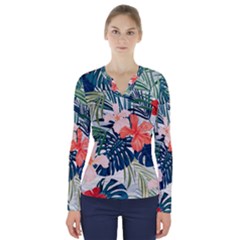 Tropical Flowers V-neck Long Sleeve Top by goljakoff