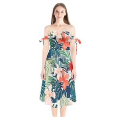 Tropical Flowers Shoulder Tie Bardot Midi Dress by goljakoff