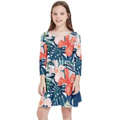 Tropical Flowers Kids  Quarter Sleeve Skater Dress