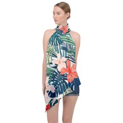 Tropical Flowers Halter Asymmetric Satin Top by goljakoff