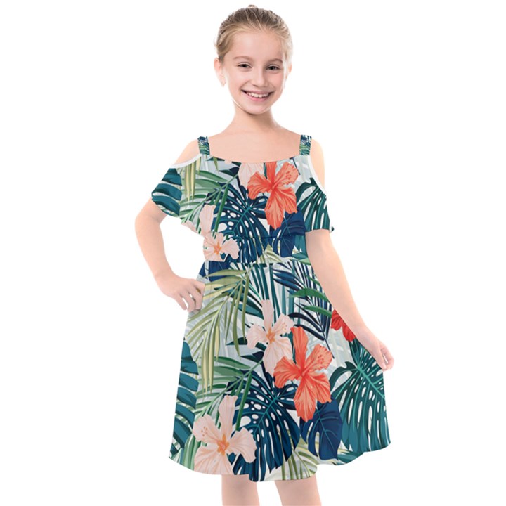 Tropical flowers Kids  Cut Out Shoulders Chiffon Dress