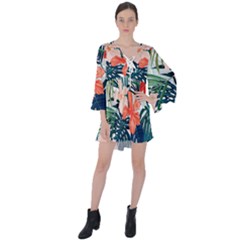 Tropical Flowers V-neck Flare Sleeve Mini Dress by goljakoff