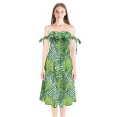 Green Leaves Shoulder Tie Bardot Midi Dress by goljakoff