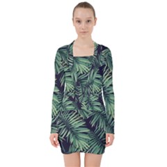 Green Palm Leaves V-neck Bodycon Long Sleeve Dress by goljakoff