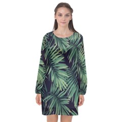 Green Palm Leaves Long Sleeve Chiffon Shift Dress  by goljakoff