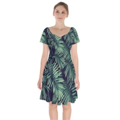 Green Palm Leaves Short Sleeve Bardot Dress by goljakoff