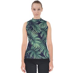 Green Palm Leaves Mock Neck Shell Top by goljakoff