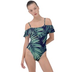 Green Palm Leaves Frill Detail One Piece Swimsuit by goljakoff