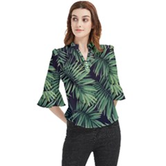 Green Palm Leaves Loose Horn Sleeve Chiffon Blouse