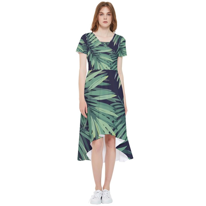 Green palm leaves High Low Boho Dress