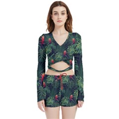 Tropical Flowers Velvet Wrap Crop Top And Shorts Set