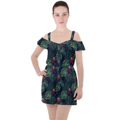 Tropical Flowers Ruffle Cut Out Chiffon Playsuit by goljakoff