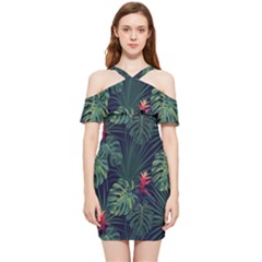 Tropical Flowers Shoulder Frill Bodycon Summer Dress