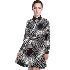 Tropical Leafs Pattern, Black And White Jungle Theme Long Sleeve Chiffon Shirt Dress by Casemiro