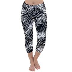 Tropical Leafs Pattern, Black And White Jungle Theme Capri Winter Leggings  by Casemiro