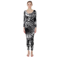 Tropical Leafs Pattern, Black And White Jungle Theme Long Sleeve Catsuit by Casemiro