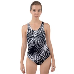 Tropical Leafs Pattern, Black And White Jungle Theme Cut-out Back One Piece Swimsuit by Casemiro