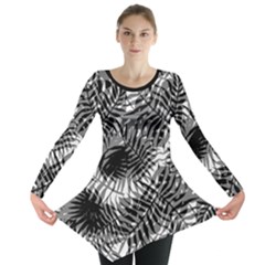 Tropical Leafs Pattern, Black And White Jungle Theme Long Sleeve Tunic  by Casemiro