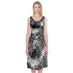 Tropical Leafs Pattern, Black And White Jungle Theme Midi Sleeveless Dress by Casemiro